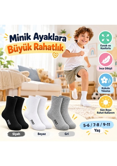 Bezos Çocuk Spor Çorap 3'lü Set Siyah Beyaz Gri İnce Dikişli Kokulu Yıkama Yumuşak Esnek Günlük Çorap Seti Agc Çok Renkli