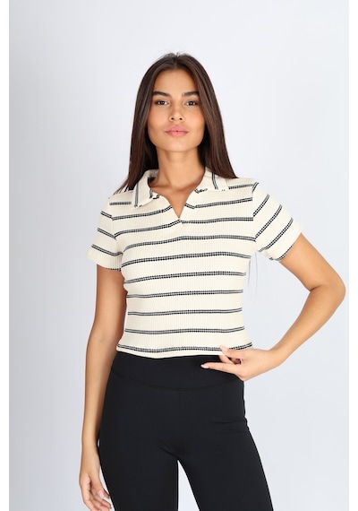 Soft&Basic Polo Yaka Raporlu Ekru Jakar Crop Fit T-shirt Ekru