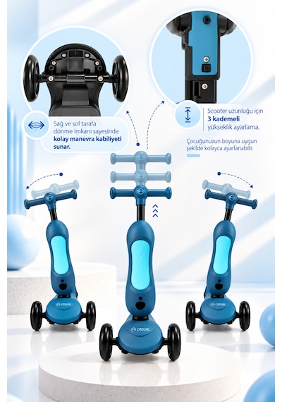 C-pro 2'si 1 Arada Katlanabilir Çocuk Scooterı Açık Mavi