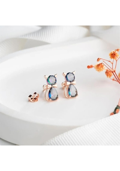 Vaoov 925 Ayar Gümüş Mistik Topaz Taşlı Kedi Küpe Rose Gold