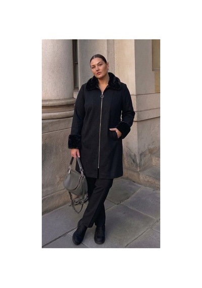 Onno Style Women Yakası Kol Ağzı Kürklü Çelik Örgü Kadın Kaban Siyah