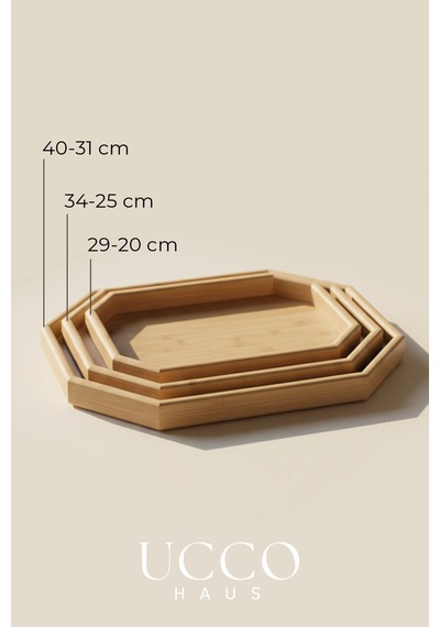 Premium 3'lü Bambu Tepsi Seti - Sunumluk Kahvaltılık Çay Saati Servis Tepsisi - 40-34-29cm