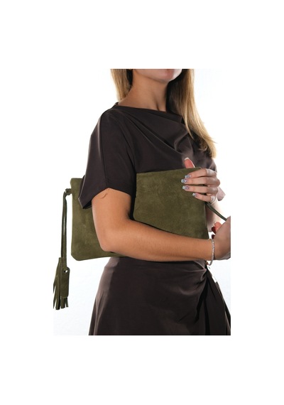 Morden Haki Süet Hakiki Deri Kadın Clutch Çanta
