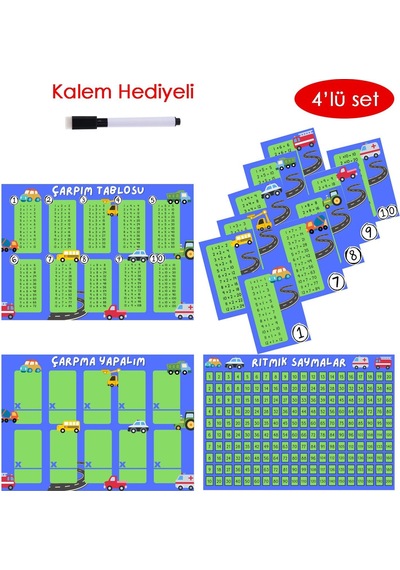 4'lü Çarpım Tablosu Seti - Kalem Hediyeli Araba Temalı
