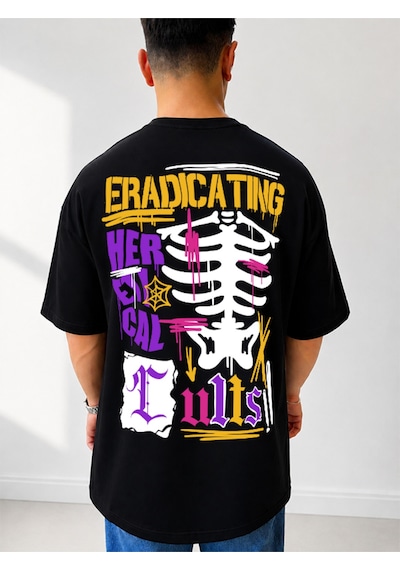 525 Oversize Sırt Baskılı Streetwear Unisex T-shirt Eradıcating Siyah