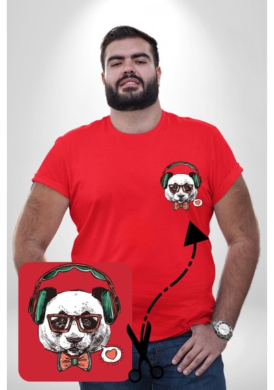 Angemiel Kulaklıklı Hipster Portre Panda Kırmızı Büyük Beden Kadın Basic Minimal Baskılı Tişört Kırmızı