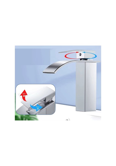 Rena Design Lavabo Bataryasi Krom Şelale Kare Gövde Eğimli Havza Banyo Armatür Çift Giriş Musluk Lüks Ergonamik