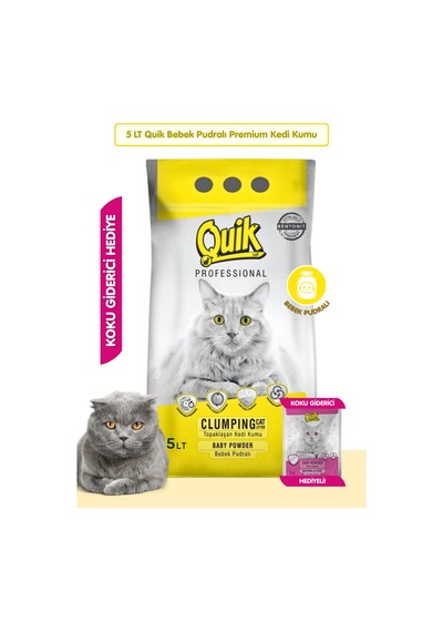 5lt Bebek Pudralı Bentonit Topaklaşan Doğal Kokusuz Kedi Kumu + Koku Giderici Hediyeli