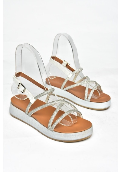 Fox Shoes S314002409 Beyaz Taş Detaylı Kadın Sandalet Beyaz