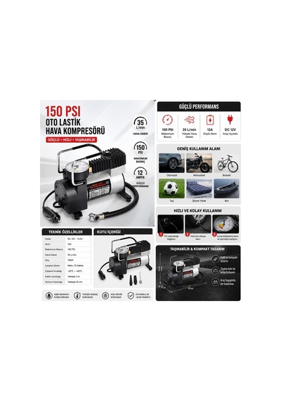 150 Psı 35 L/dk Oto Lastik Hava Kompresörü, 12v Taşınabilir Lastik Şişirme Pompası, Manometreli, Otomobil Motosiklet Bisiklet Ve Top