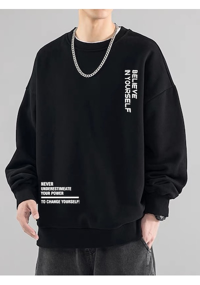 Erkek Believe Baskılı Oversize Bisiklet Yaka Sweatshirt Siyah