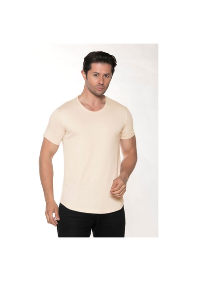 Black Horn Erkek Geniş Yaka %100 Pamuk Salaş T-shirt Bej