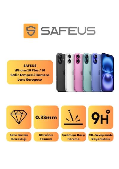 Safeus Safir Temperli Kamera Lens Koruyucu Apple Uyumlu iPhone 16 Plus Ve İle Siyah