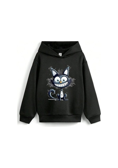 Stil X Sevimli Kediler Baskılı Kapüşonlu Çocuk Sweatshırt Siyah-5