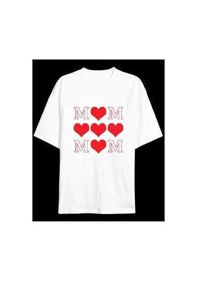 Butik İstanbul Anneler Günü Hediye Mom Kalp Baskılı Oversize Bisiklet Yaka T-shirt - Beyaz