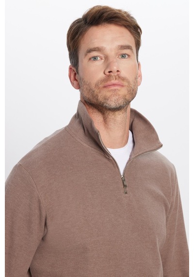 Tudors Unisex Relax Fit Rahat Kesim Fitilli Desenli Pamuklu Yarım Fermuarlı Kahverengi Dik Yaka Sweatshirt-31979 Kahverengi