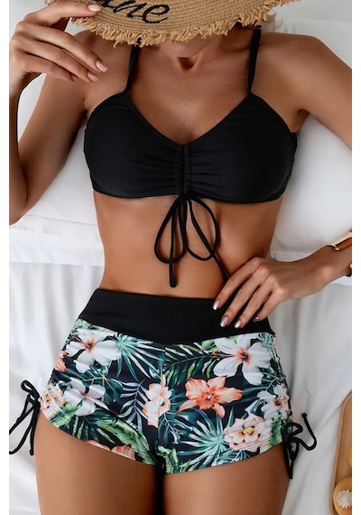 Angelsin Büzgü Ayarlı Baskılı Bikini Takımı Siyah