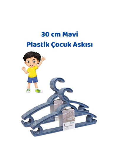 6 Adet Mavi Çocuk Plastik 30 Cm Kıyafet Askısı Elbise Askısı Plastik Mavi Diğer