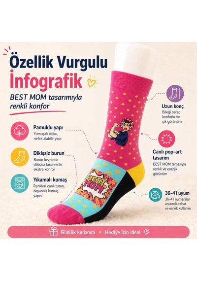 DS Wak Best Mom Kadın Çorabı 36-40 Pamuklu Dikişsiz Burun Pop Art Desenli Renkli Soket Hediyelik Çorap Çok  Renkli