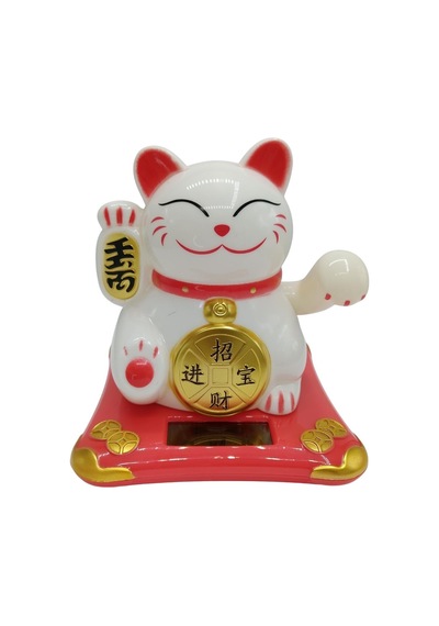 Maneki Neko El Sallayan Şans Kedisi Beyaz Solar Güneş Enerjili 10x10cm No4b01