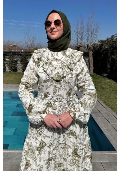 Rabia Şamlı Botanik Elbise Yeşil Normal