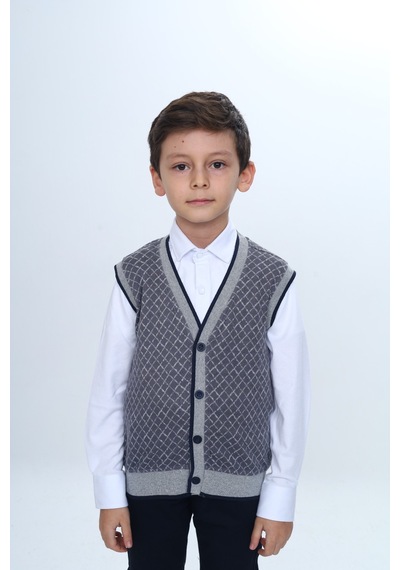 Toontoy Kids Toontoy Erkek Çocuk V Yaka Düğmeli Triko Yelek - Diagonal Desenli Antrasit