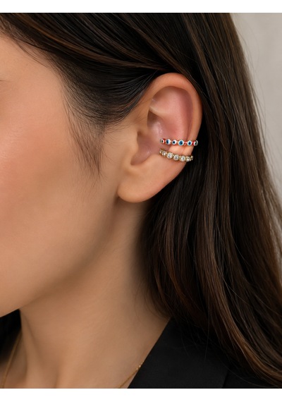 Gold Kaplama Nazar Boncuklu Taşlı Earcuff Küpe Gold Kaplama Kıkırdak Küpe