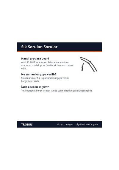 Trobus Audi A1 2011 Ve Sonrası Uyumlu Ön Silecek Süpürge Takımı 24-16 İnç