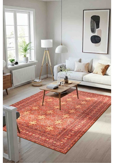 Artloop Relic Kırmızı Vintage Dokulu Geleneksel Desenli Dokuma Tabanlı Şönil Halı Al 474 Kırmızı & Krem