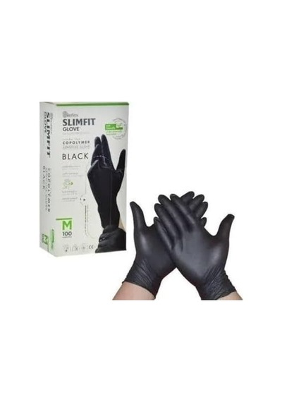 Reflex Slimfit Pudrasız Copolymer Siyah Eldiven, Tek Kullanımlık, Gıda Uyumlu, Yırtılmaya Dayanıklı, Lateks İç