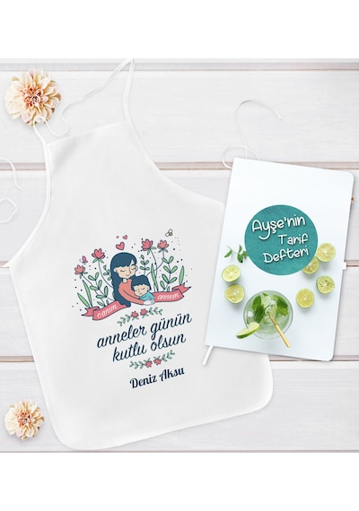 Bk Gift Kişiye Özel Anneler Günü Tasarımlı Mutfak Önlüğü Ve Yemek Tarif Defteri Hediye Seti-2, Anneye Hediye, Anneler Günü Hediyeleri