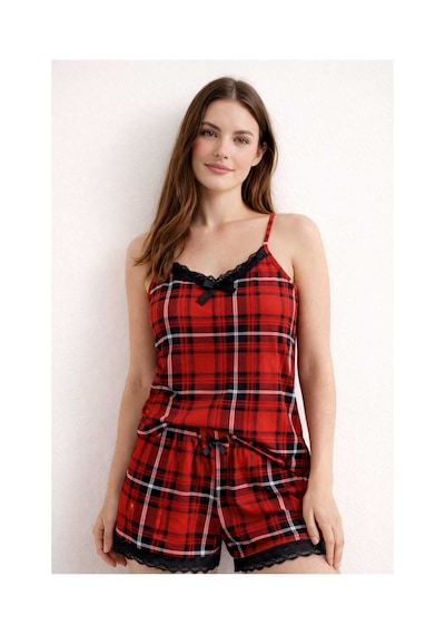 Tenra Kadın Kırmızı Ekose İp Askılı Şortlu Pijama Takımı Dantel Detaylı