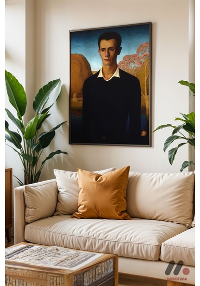 Grant Wood Erkek Portresi, Siyah Çerçeveli Duvar Tablosu - Sanatsever Hediyesi