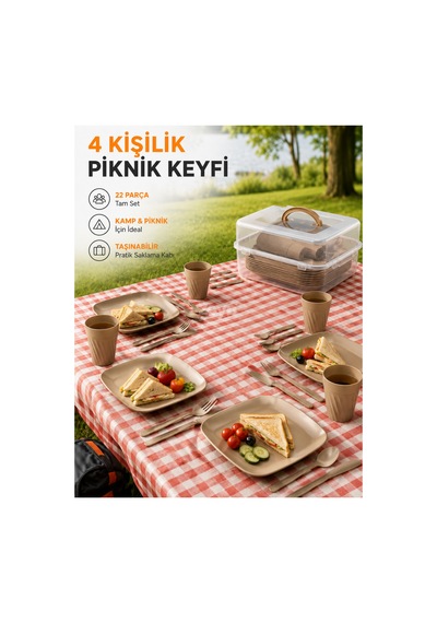 22 Parça Piknik Seti 4 Kişilik Taşınabilir Plastik Yemek Seti Saklama Kutulu Kamp & Piknik Seti Bej
