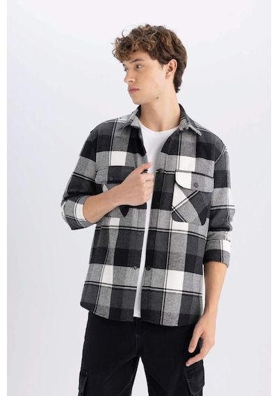DeFacto Relax Fit Waffle Kareli Oduncu Flanel Pamuklu Uzun Kollu Gömlek Z0639AZ24AUBK81