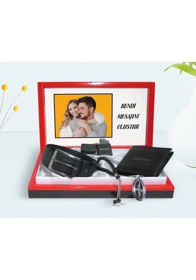 Bk Gift Sevgiliye Özel Fotoğraflı Ve Mesajlı Kutuda Cüzdan Kemer Çakmak Tespih Ve Anahtarlık Hediye Seti Çok Renkli