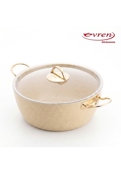 18 Cm Cream Ezme Seri Granit Derin Tencere, Non-stick Derin Tencere 1,6 Lt Gold Çelik Kulp 20 Cm