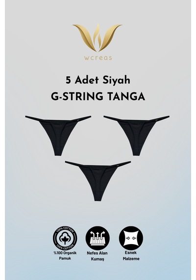 Wcreas Kadın İpli Tanga, Pamuklu Yumuşak Kumaş G-string Tanga 5'li Paket Siyah Siyah