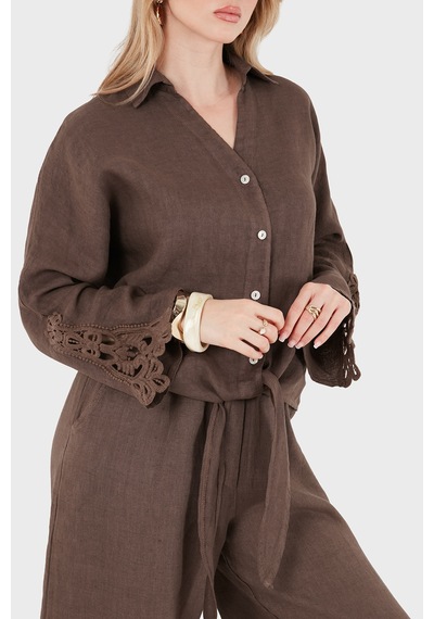 Via Dante Relaxed Fit Güpür Detaylı Uzun Kollu Keten Gömlek Bayan Gömlek 699e31842 Kahve