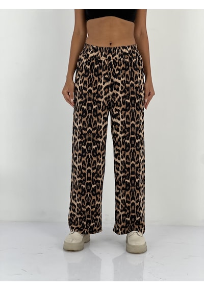 Miss Poem Kadın Leopar Desenli Bej Bol Pantolon Leopar