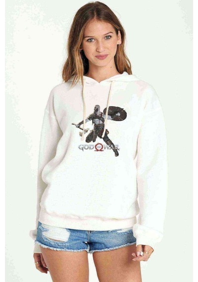 God Of War The Force Baskılı Beyaz Kadın Kapşonlu Sweatshirt