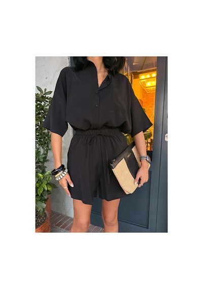 Nido Moda Kadın Cepli Oversize Gömlek Ve Beli Bağcıklı Şort İkili Takım Siyah