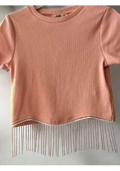 Zekids Kız Çocuk Zincirli Fitilli Crop T-shirt-14396 Somon