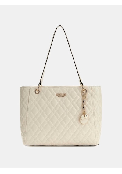 Guess Isemay Logo Patent Shopper Kadın Omuz Çantası Hwgg9628250 Ekru