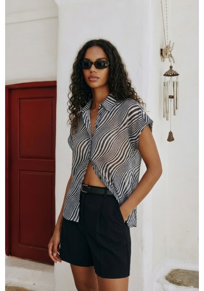Sateen Kısa Kollu Zebra Desenli Gömlek - Siyah-137641