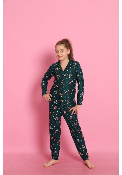 Beka Kids Yılbaşı Desenli Uzun Kollu Önden Düğmeli Gömlek Yaka Kız Çocuk Pijama Takımı Yeşil