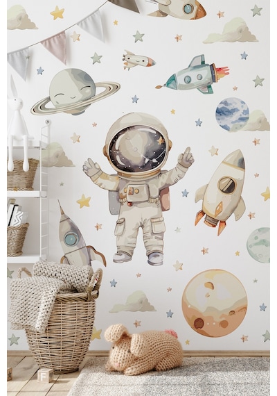Uzay Temalı Duvar Sticker Seti 165 Parça Astronot, Roket, Gezegen Çocuk Odası Duvar Büyük Boy Dijital Baskı
