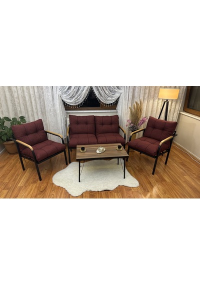 Modern Erciyes Balkon, Bahçe, Cafe - Metal Kanepe Koltuk Takımı - 2+1+1 + Sehpa Bordo Modernbs1 Bordo