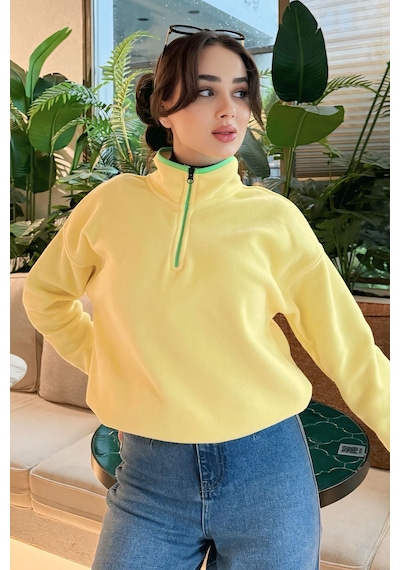 Tommy Life Limon Yarım Fermuar Etek Ucu Büzgülü Dik Yaka Oversize Kadın Polar Sweatshirt - 97234 Limon Sarısı