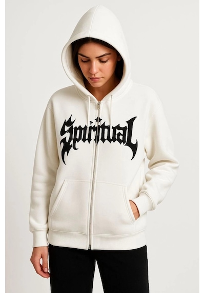 Valensdesign Oversize Kapüşonlu Sweatshirt Hoodie 3 İplik Şardonlu Pamuklu Kumaş, Önü Baskılı, Fermuarlı Rahat Ka Beyaz